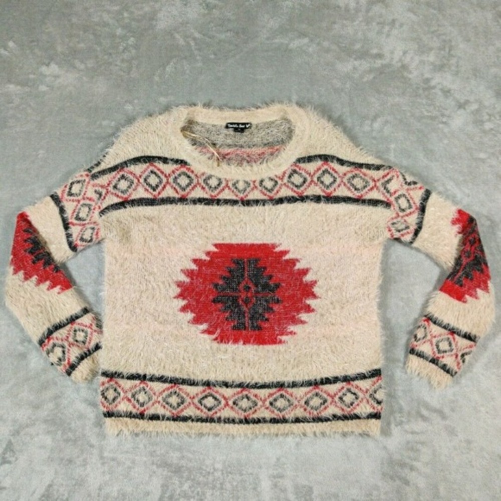 Double‎ Zero Sweater Womens Medium Cream Colored Fuzzy Aztec Print